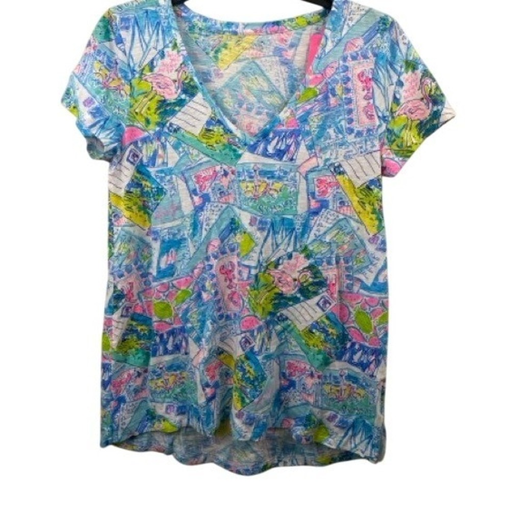 Lilly Pulitzer Etta T-Shirt Women Small Short Sleeve Multi Color Postcard